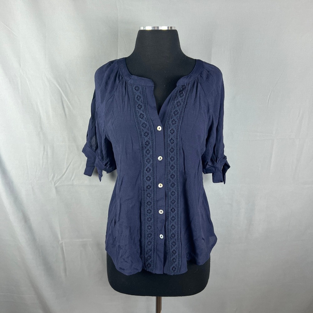 Parallel Skies Blouse Top Womens Small Blue Stretch Boho Button Front Pleated